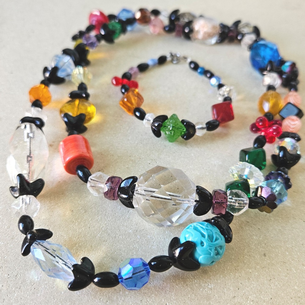 Multicolor‎ Rainbow Artisan Glass Beaded Necklace Bracelet Set Bohemian Eclectic